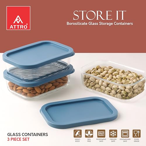 Image of ATTRO Storeit Borosilicate Glass Storage Containers - 520ml, Set of 3, Transparent & Stackable with PE Lids, Microwave, Fridge & Dishwasher Safe, Ideal for Kitchen & Leftovers- Blue