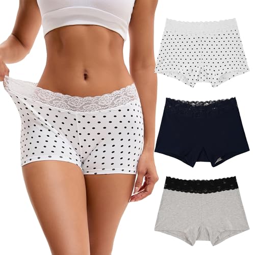 Recopilación de Braguitas para Mujer los 10 mejores. 41 INNERSY Braguitas Mujer Encaje Algodón Suave y Transpirable Boyshorts Paquete de 3(Blanco/Azul/Gris, X-Grande)