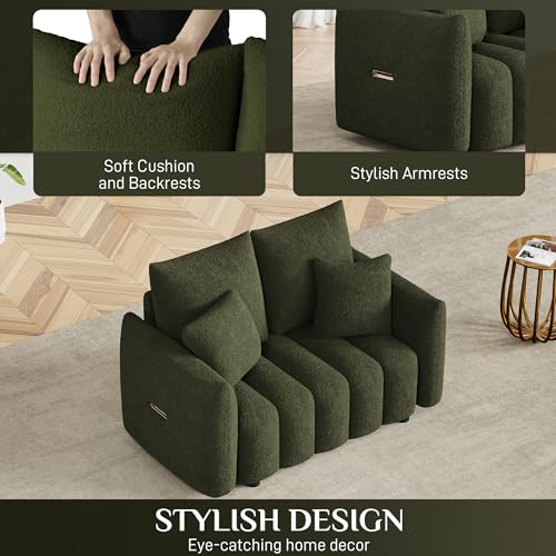 Image of OUYESSIR 56 inch Modern Sofa Couch, Comfy Deep Seat Teddy Cloud Sofa, Upholstered 2-Seater Boucle Couch, Oversized Loveseat for Living Room, Bedroom, Office, Apartment, Green