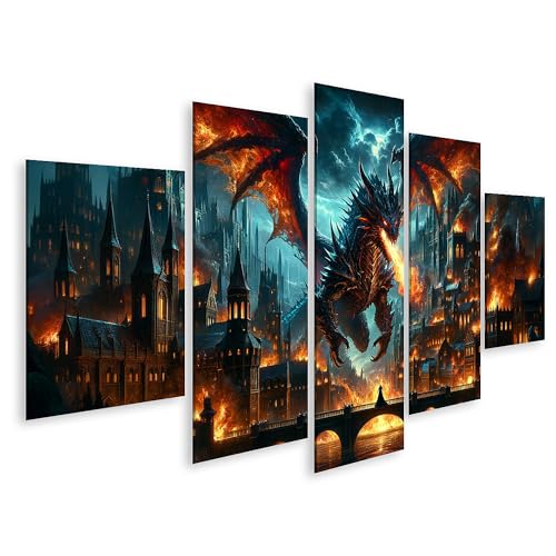 islandburner Tableau mural avec motif dragon sur la ville - Fantastique - Motif dragon de feu - Impression sur toile