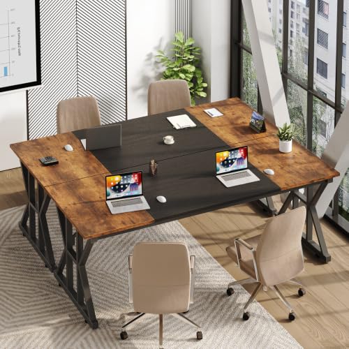 Image of 63 inch Large Computer Desk with Thickened Frame for Home Office, Living Room | Modern Simple Executive Desk, Larger Gaming Desk with X-Shaped ReInchforcement, Rustic Brown /Black