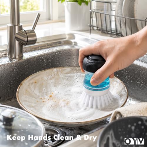 Image of OYV Soap Dispensing Palm Brush, Dish Brush Set with Silicone Drip Tray and One Refill, Kitchen Dish Scrub Brush for Cleaning Pots, Pans, Sinks