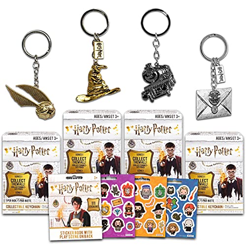 Wizard World Harry Potter Mystery Pack Keychain Set ~ 4 Pack Bundle Blind Box Keychains with Over 100 Harry Potter Stickers (Harry Potter Party Favors)