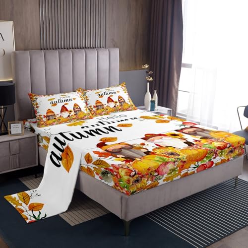 Erosebridal Fall Gnome Pumpkins Sheet Set Scandinavian Gnome Bed Sheets Queen,Botanical Fitted Sheet Cartoon Christmas Santa Dwarf Flat Sheet Farmhouse Fallen Leaves Decor for Home Bedroom