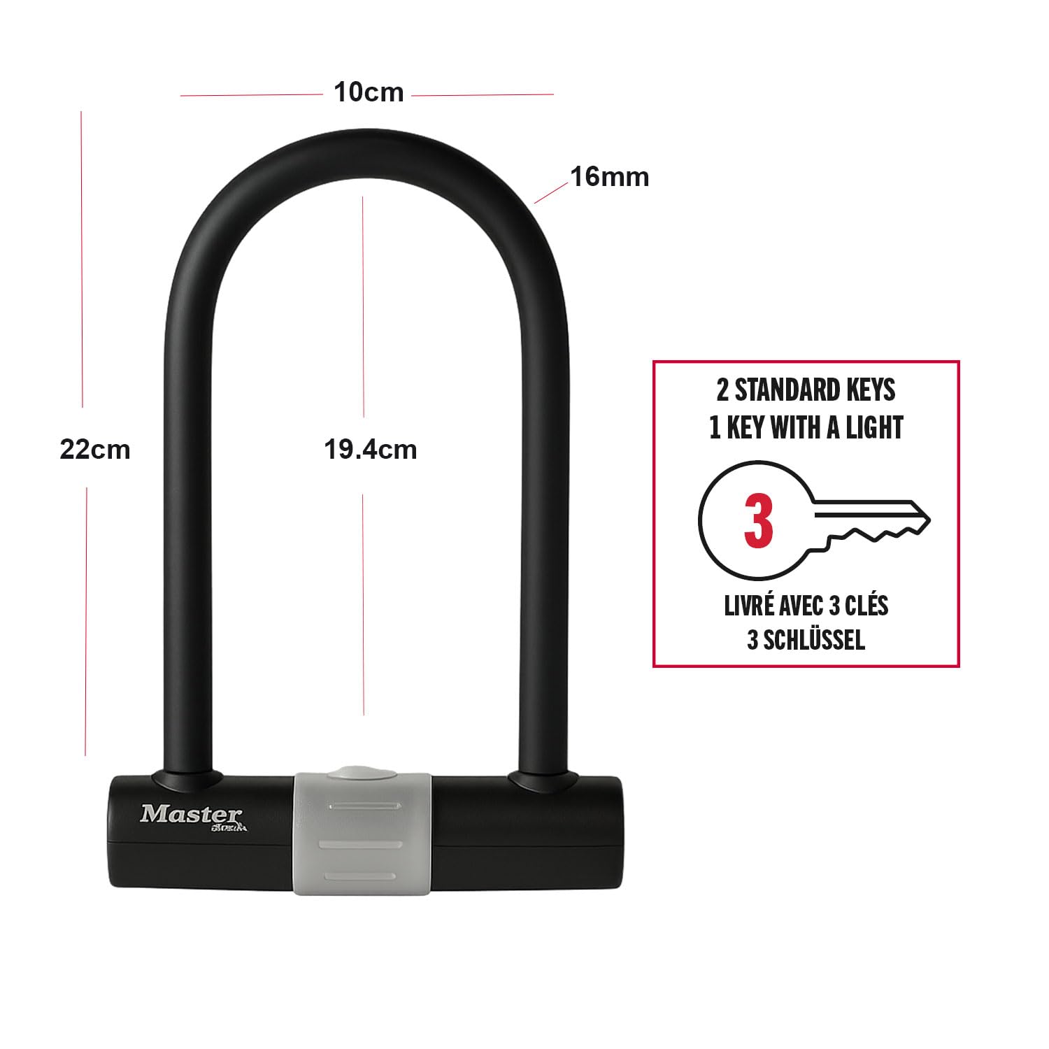 Master Lock 8377EURDPRO Antivol U moto homologué SRA assurance, support de montage universel à clé, antivol pour vélo certifié - Art4, Sold Secure Diamond, SRA assurance