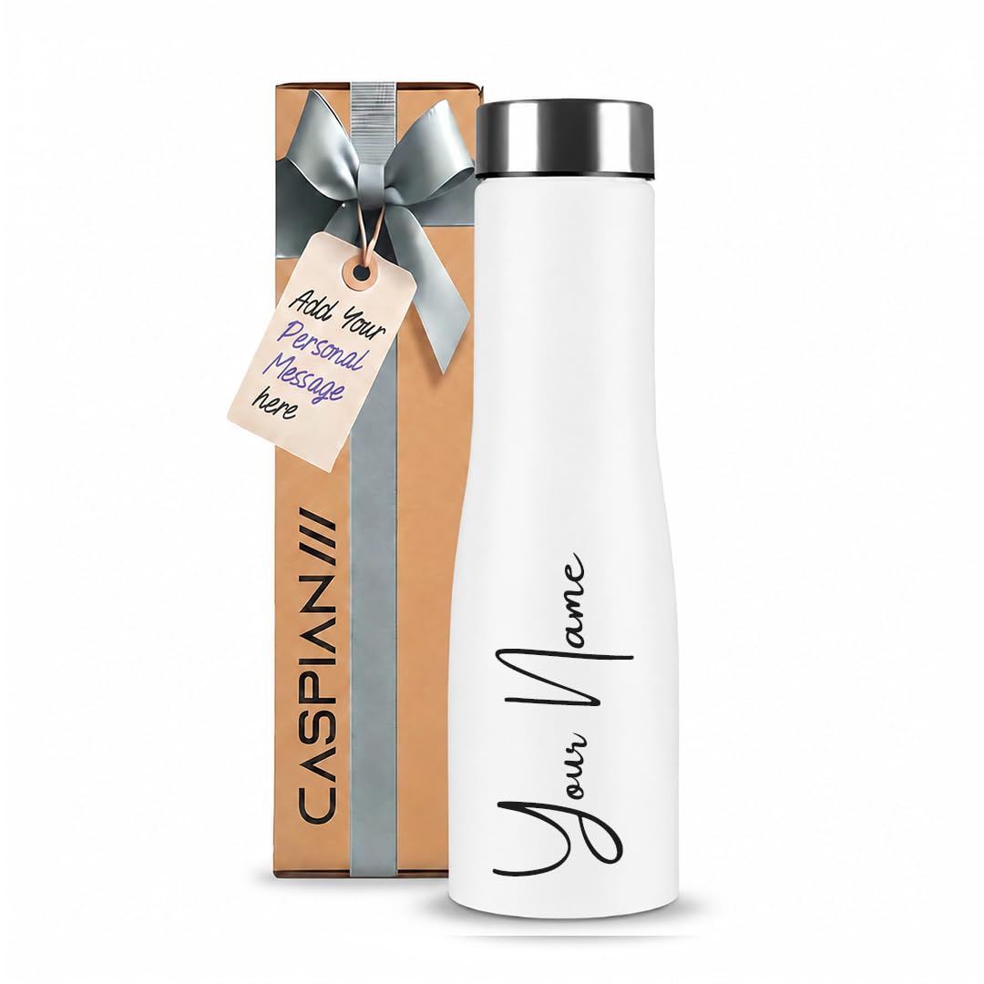 CASPIAN /// Aqua Customised Stainless Steel Water Bottle 1L, White with Logo Print - Personalised Water Bottle with Your Name Print for Kids Boys Girls School Office Gym- Perfect for Corporate Gifting