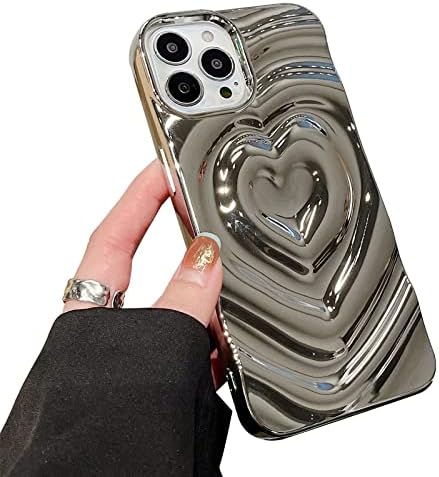 Yebowe for iPhone 13 Pro Max Case Luxury, Cute 3D Chrome Heart Phone Cover for Women Girls Electroplated Soft TPU Slim Sliver Glossy Protective Case for iPhone 13 Pro Max