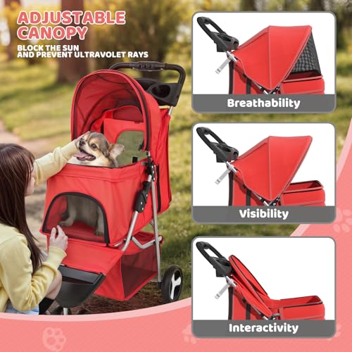 Image of Magshion 3-Wheel Pet Stroller, Foldable Travel Jogger for Small & Medium Dogs & Cats (Up to 33lbs), Lightweight Carrier with Breathable Mesh Cover, Cup Holder & Storage Basket, Red