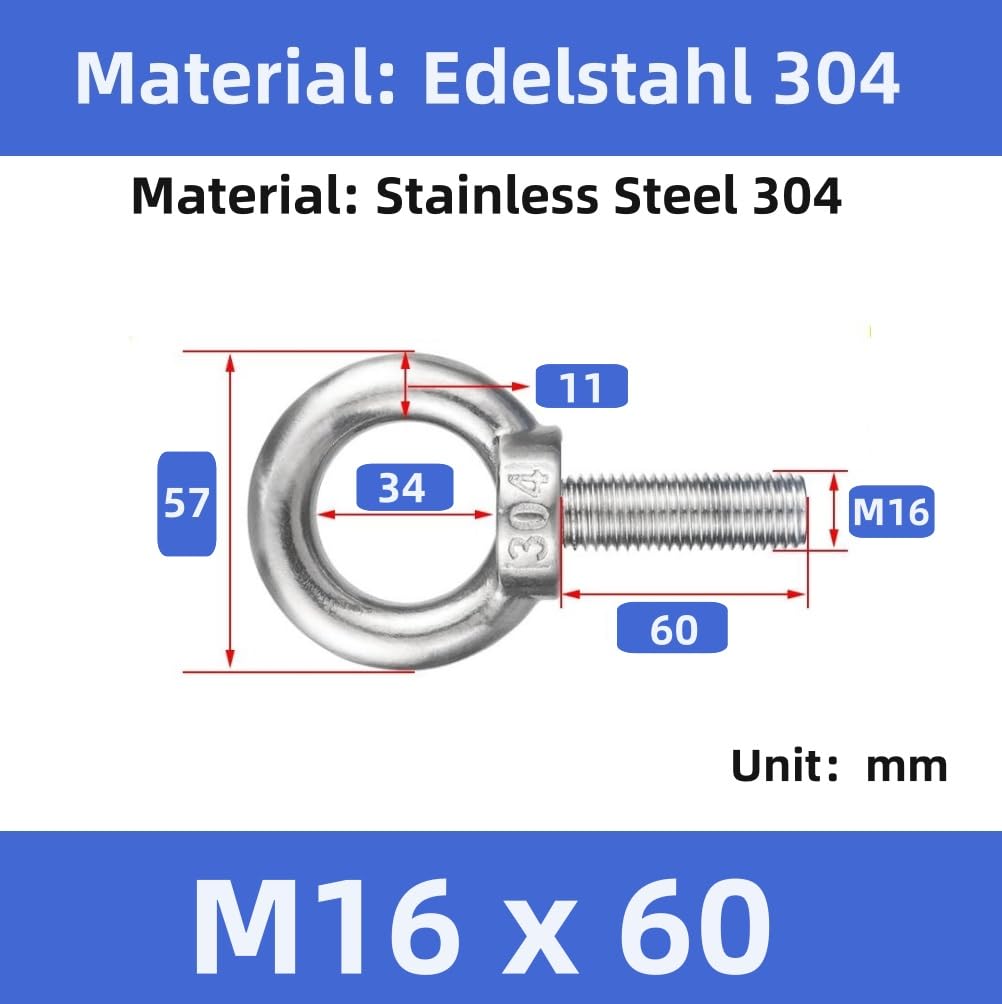 2 Piezas M16 Pernos elevadores Cáncamos de Acero inoxidable 304,Pernos de ojo, Anillos de elevación, Tornillos de ojo para accesorios de elevación (M16x60)
