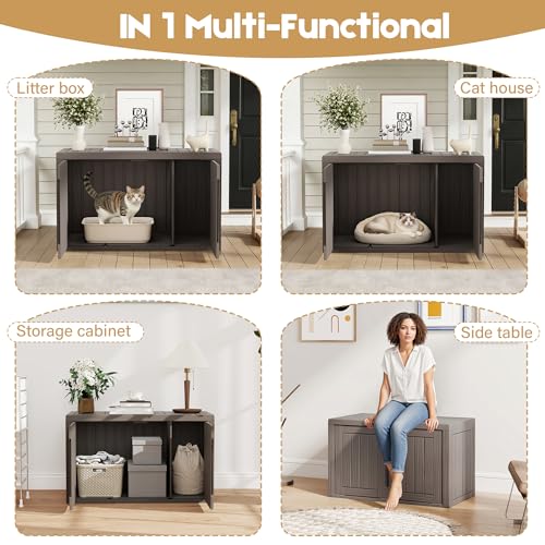 Image of Cat Litter Box Enclosure, Covered Cat Litter Box with Adjustable Partition, Multi-Functional Hidden Enclosed Litter Box Furniture, Easy to Clean & Assemble, Grey