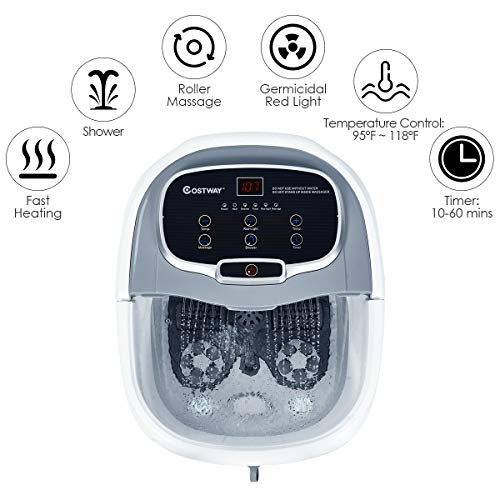 COSTWAY Foot Spa/Bath Massager, with Motorized Rollers, Shiatsu Massage, Shower, Heat, Red Light, Temperature Control, Timer, LED Display, Drainage Pipe for Foot Stress Relief (Grey) COSTWAY Foot Spa/Bath Massager, with Motorized Rollers, Shiatsu Massage, Shower, Heat, Red Light, Temperature Control, Timer, LED Display, Drainage Pipe for Foot Stress Relief (Grey)