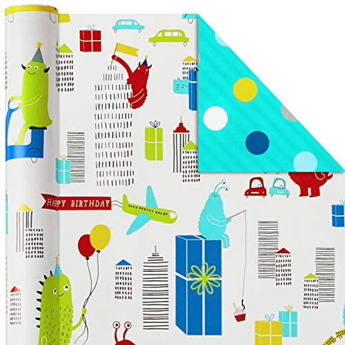 Hallmark Reversible Kids Birthday Wrapping Paper (3 Rolls: 120 Sq. Ft. Ttl.) Monsters And Unicorns, Polka Dots, Chevron, Pink, Teal, Blue, Red, Orange, Lime Green #TOP3