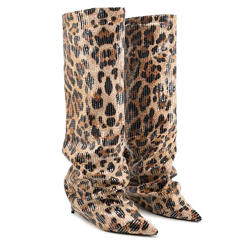 Fold Over Knee High Boots Women Winter Stiletto Heel Tall Slouchy Shark Boots Pull on Pointed Toe Party Dress Fall Shoes