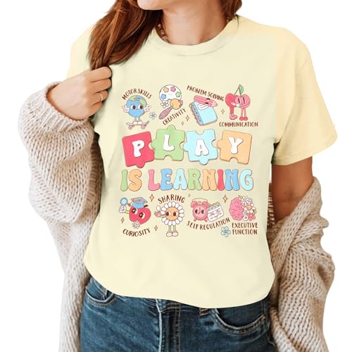 Teacher Shirts Women: Play is Learning Graphic Tees Kindergarten Teacher Gift Shirt Casual Summer Short Sleeve Tops