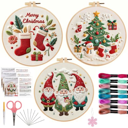 Image of Offizon Christmas Embroidery Kit for Beginners, 3 PCS Starter Cross Stitches, Winter Santa Handicrafts, Merry Chistmas