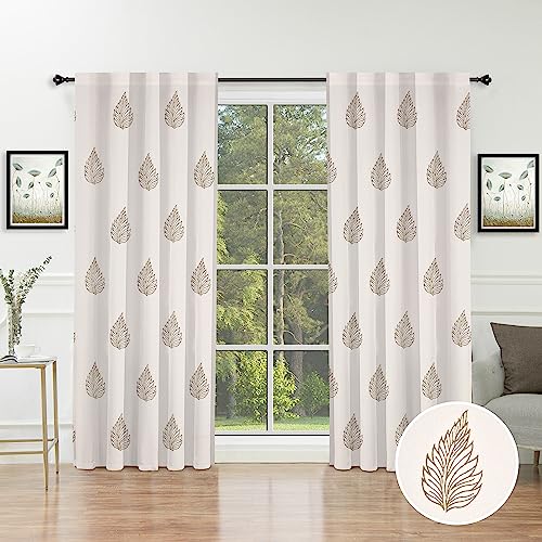 Image of THE LINEN COMPANY Cotton Printed Curtains 8 Feet Long, Leaf Design Door Curtains, 8ft Set of 2, Brown Leaf