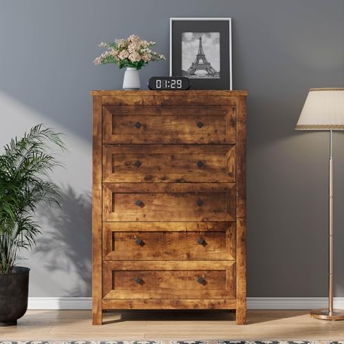 LUXOAK 5 Drawers Farmhouse Dresser, Wood Rustic Chest of Drawers
