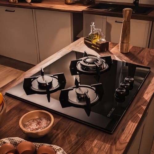 Miniatura 3 de Cecotec Placa de Gas 3 Fuegos Bolero Squad GN 3200S Glass Black. 6,25kW, Preparada para Gas Natural, Cristal Negro, Parrillas Individuales de Hierro Fundido, Quemador Wok, Seguridad Válvulas