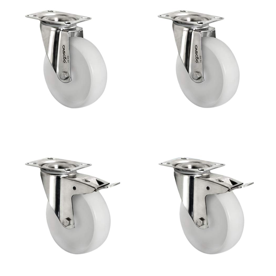 SETSITI100N0N0L0N Rollensatz 2 Lenkrollen-, 2 mit Feststeller, Polyamid, Edelstahl, Durchmesser 100 mm, Transportrollen, Gleitlager, INOX, Traglast 450 kg (4-er Pack)