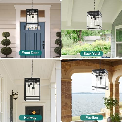 QueeuQ Outdoor Large LED Pendant Light Fixtures,4 Lights 5CCT Outdoor Pendant Lighting Black, LED Integrated Bulbs Hanging Lantern,Exterior Light for Porch,Patio,Foyer — view 5