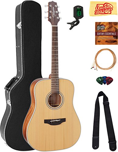 Takamine GD20 Dreadnought Acoustic Guitar - Natural Satin Bundle with Hard Case, Tuner, Strap, Strings, Picks, Austin Bazaar Instructional DVD, and Polishing Cloth