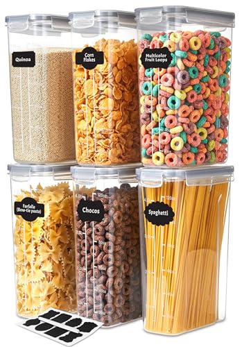 KICHLY Boite de Rangement Cuisine (Lot de 6) - Plastique sans BPA - Bocaux Hermetiques Alimentaires en Scellée avec Couvercle - Conservation Farine, Sucre,...