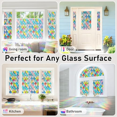 Image of Sunbaby Window Privacy Film Stained Glass Decorative Rainbow Window Cling 3D Static Clings Colorful for Home Decoration, Anti-UV & Heat Control Non-Adhesive (23.6 inchx157.4 inch)