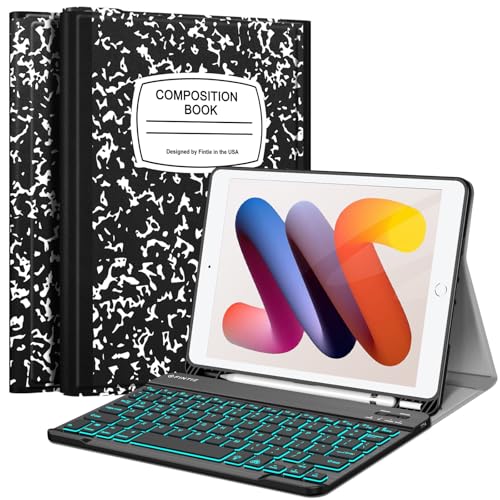 FINTIE Backlit Keyboard Case for iPad 9th / 8th / 7th Generation (2021/2020/2019) 10.2 Inch, Soft TPU Back Cover with 7 Colors Backlight Magnetically Detachable Bluetooth Keyboard, Composition Book