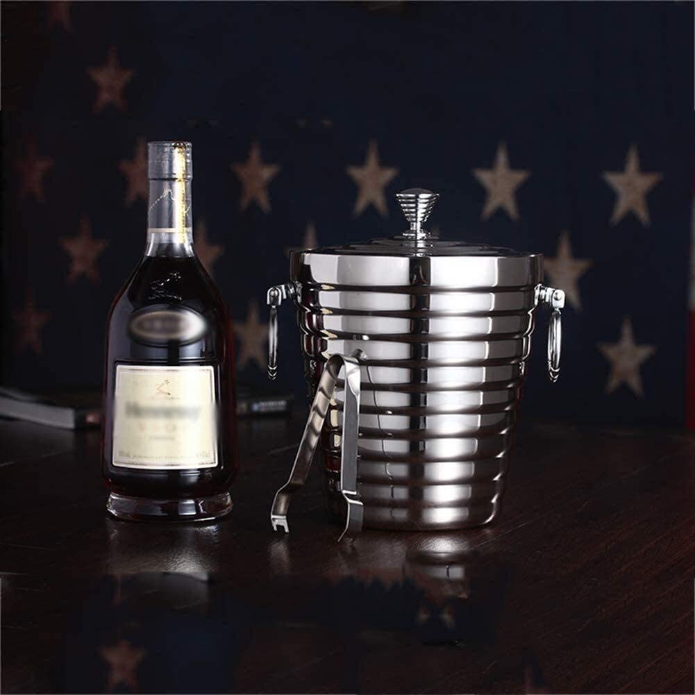 Cubo de hielo, cubo de hielo de acero inoxidable, cubo de hielo de doble pared de acero inoxidable aislado con tapa y pinzas para filtro, cubo de vino grueso, enfriador de vino portátil para bar