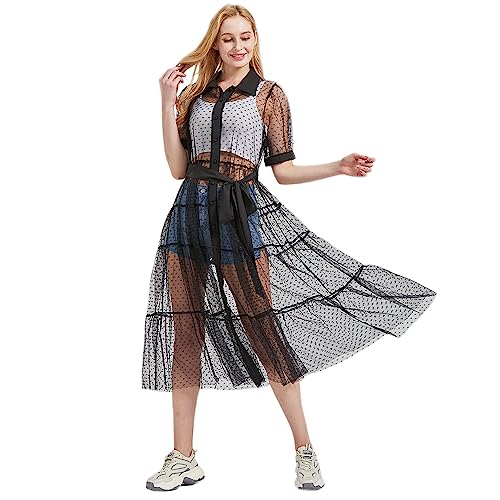 Women Sheer Mesh Button Down Shirt Dress with Waist Belt Summer Beach See Through Bikini Cover Up Swimwear3