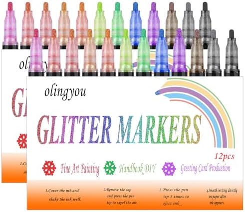 Glitter Markers, Sparkling Glitter Markers 2 Boxes of 12 Vibrant Colors for Students DIY Crafts, Greeting Cards, Birthday Cards, Make Posters, Albums, Scrapbooking, Wood