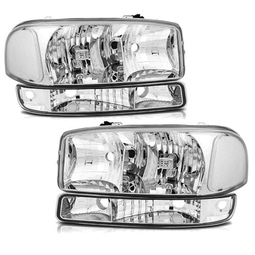 APSVE Headlight Assembly for 1999-2006 GMC Sierra 1500 2500 3500 00-06 Yukon XL Headlamp with Bumper Lights Chrome Housing Clear Halogen