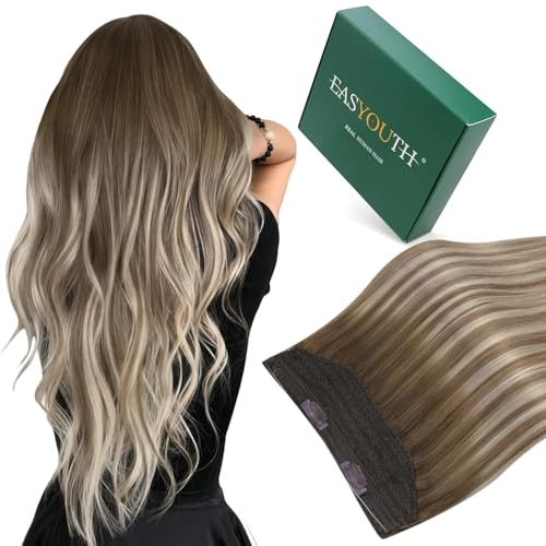 Easyouth Extension Filo Veri Secret Capelli Extension Filo Invisibile Capelli 80g Colore Medio Marrone Mix Platinum Bionde e Medio Marrone 16 Pollice Natural Wire Human Hair Hairpiece