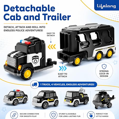Image of Lifelong 5-in-1 Police Carrier Truck | Big Friction Powered Truck Toy with Lights, Siren & Sound | Police Car Set with Fire Truck, Ambulance, Helicopter | Birthday Gift Set for Boys, Girls 3-10 Yrs