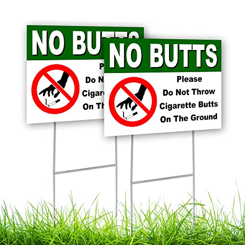 2 PC No Cigarette Butts Signs - 12 x 9 Coroplast No Butts Signage with Stake - No Littering Sign Outdoor