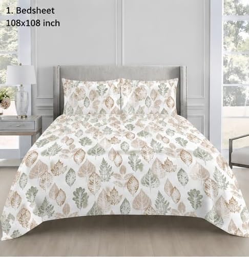 Image of Luxury Glace Cotton King Size Bedsheet with 2 Pillow Covers (108 x 108 Inch) | Soft & Breathable Fabric | Elegant Print Bed Sheet 3 Pc Bedding Set for Bedroom -Multi Leaf