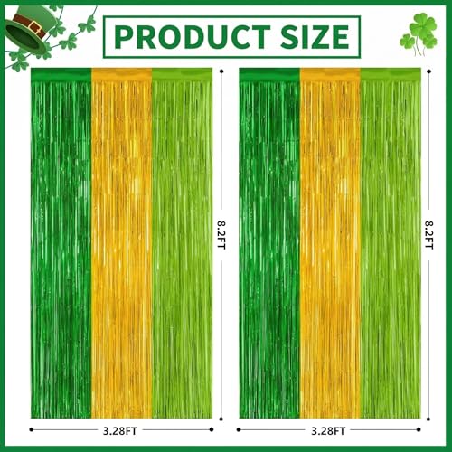 Image of Green Gold Light Gold Fringe Curtain Party Streamers 2Pack 3.3 x 8.3 Ft Foil Fringe Backdrop Curtains for Birthday Wedding Bridal Holiday Tinsel Streamers Green Party Decorations Door Streamer