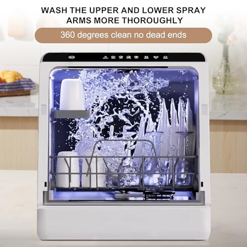 LINGXI countertop dishwasher no hookup, dishwasher with 5 liter water tank, countertop dishwasher with dryer, separate baby care, Portable dishwasher with upper and lower dual spray arms.