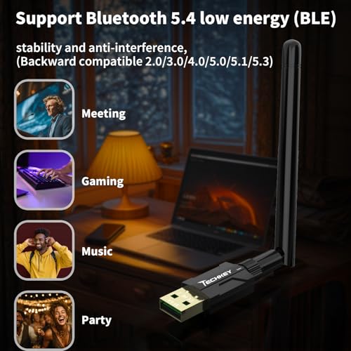 Image of USB Bluetooth 5.4 Adapter for Desktop PC: Long Range 500FT Wireless Dongle with 5dBi Antenna Plug & Play for Laptop Windows 11 /10 /8.1, Pair BT Headphones /Headset /Speaker /Mouse /Keyboard /Printer