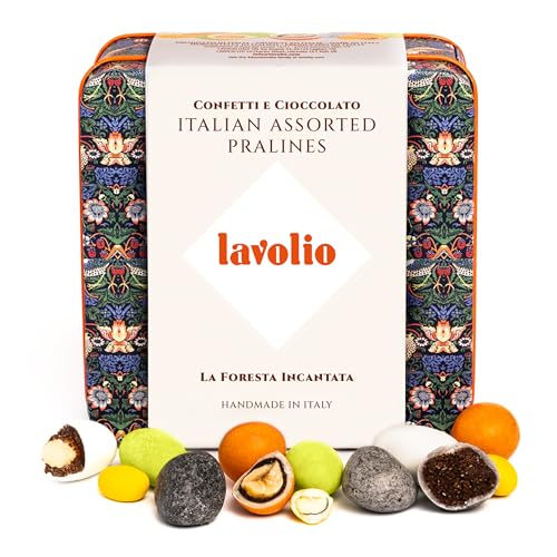 Lavolio EL BOSQUE ENCATADO - Selección gourmet de caramelos artesanales y frutos secos recubiertos de chocolate - Caja de regalo con diseño de William Morris, refinada y elegante - Sin gluten - 150 g