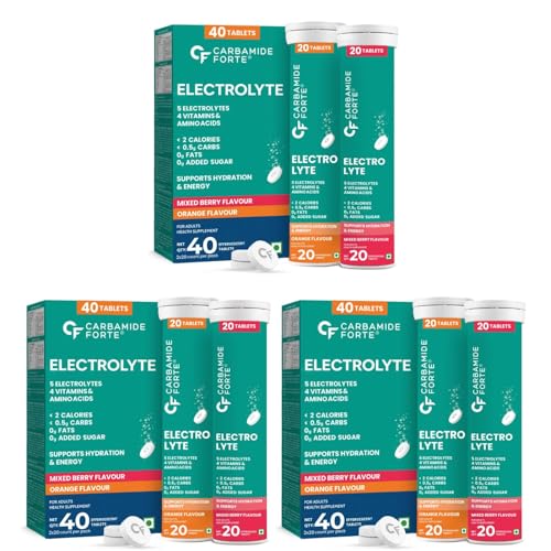 Image of Carbamide Forte Electrolyte Effervescent Tablet | Electrolyte Supplement for Sustained Energy & Hydration with 5 Essential Electrolytes, No sugar + 4 Vitamins & Amino Acids | Pack of 60 Tablets x 2