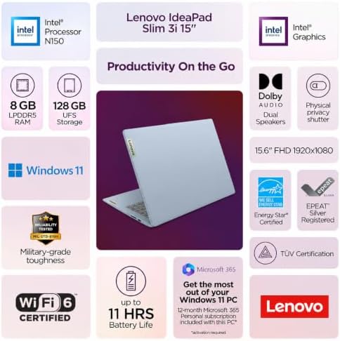 Lenovo IdeaPad Slim 3 15.6" FHD Laptop, Intel N150 Processor, 8GB DDR5 RAM, 128GB SSD, Windows 11, Microsoft 365 Personal Included, Frost Blue, EveCryday Laptop for Home, Work & Students - 1