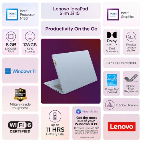 Lenovo IdeaPad Slim 3 15.6" FHD Laptop, Intel N150 Processor, 8GB DDR5 RAM, 128GB SSD, Windows 11, Microsoft 365 Personal Included, Frost Blue, EveCryday Laptop for Home, Work & Students