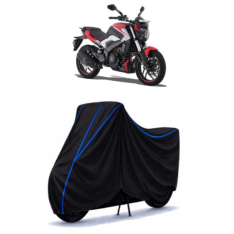 Image of Bajaj Dominar 250 E20 Bike Cover Water Resistant Universal Motorcycle Rain | Heavy Duty UV Protection, Dust, Scratch Indoor Outdoor All Weather with Black Blue Piping Elastic