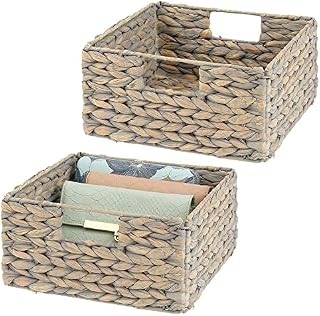 mDesign Set of 2 Practical Storage Baskets  Foldable Water Hyacinth Baskets  Shelf Basket with Handles for The Ideal Storage of Clothes, Toys or Magazines  Grey