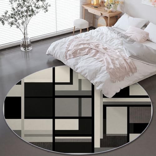 Alfombras Redondas Lavables Retro Moderno Minimalista Geométrico con Estampado 90 cm, Alfombra Redonda de Franela para Habitación Infantil Sala de Estar, Alfombra Circular Antideslizante Gris