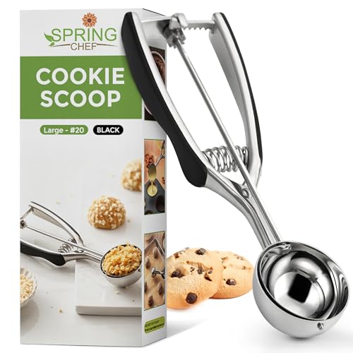 Spring Chef Large #20 Stainless Steel Cookie Scoop for Baking, Multifunctional Cookie Dough Scoop with Trigger Release - Dishwasher Safe Melon Baller - 2.93 Tablespoon Food Scooper for Kitchen - Black