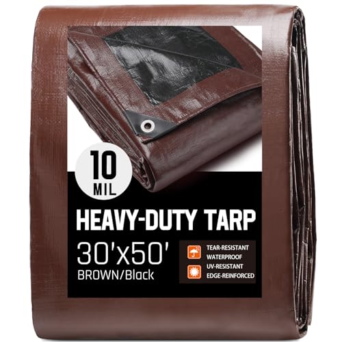 30 x 50 FT Waterproof Heavy Duty Tarp 10 Mil Thick Outdoor Furniture Covers Plastic Insulated Tarpaulin for Camping Tent Roof Boat Patio Pool Cover Large & Small Multi-Size Tarps Brown/Black