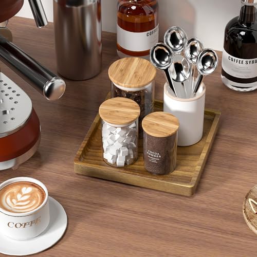Image of WEENSON Square Acacia Wood Bathroom Vanity Tray for Soap Dispenser, Toiletries, Makeup, Perfume, Decor, Kitchen Tray for Counter Salt Spice, Toilet Tank Tray for Candle, Nightstand 7.9 inchx7.9 inch
