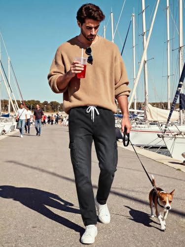 Image of JMIERR Men's Elastic Waist Cargo Jeans Stretch Denim Pants with Drawstring Straight Leg for Casual Daily Wear